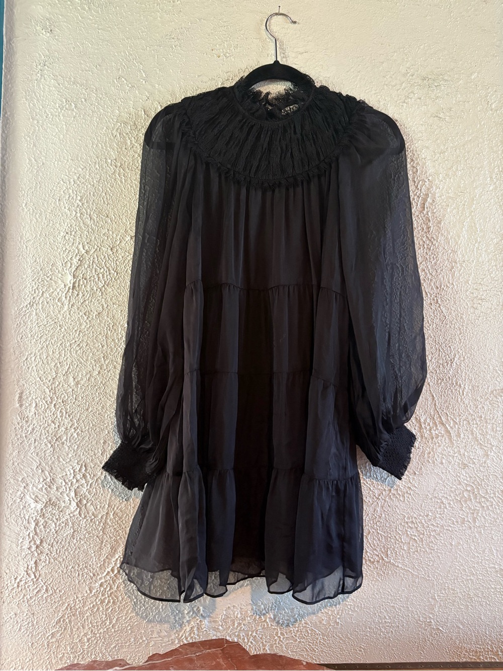 Sheer Black Long Sleeve Smocked Neck Tunic Dress.Alice+Olivia